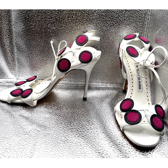 Manolo Blahnik WHITE RED BLACK TIE-UP HEELED SANDAL SIZE 37 / 6.5 - Picture 7 of 9